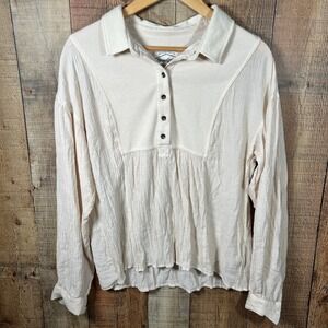 Threadgrit Cream Waffle Knit Henley Gauze Boho Blouse Top Boho Large Mixed Media